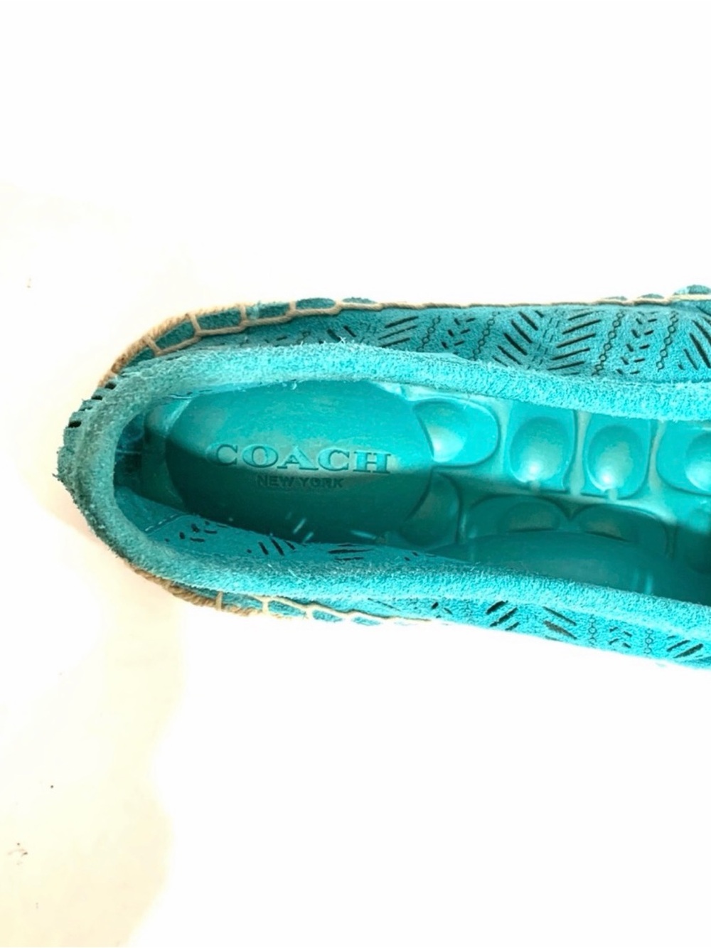 Coach Justeen Turquoise Blue Perforated Suede Whipstitched Espadrille Flats Sz 5 - Picture 13 of 15